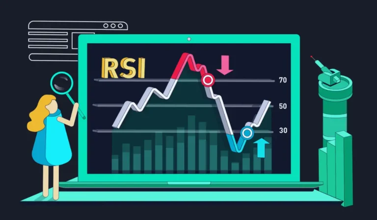 Gráfico técnico mostrando el indicador RSI con divergencias alcistas y bajistas en tendencia de mercado financiero